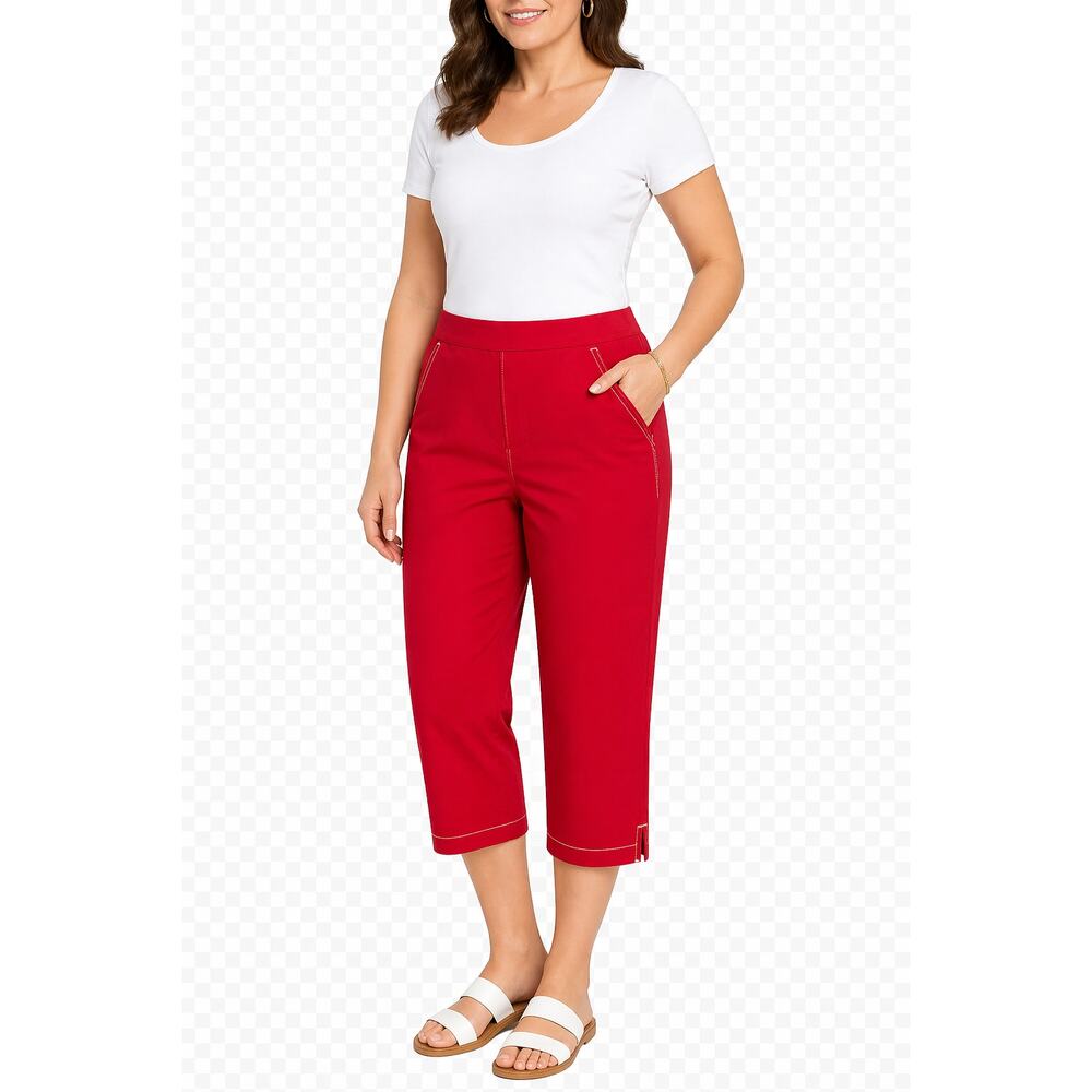 Koret Red Capri Pants White Stitch Elastic Back Waist Size 16 Summer Cruise Golf